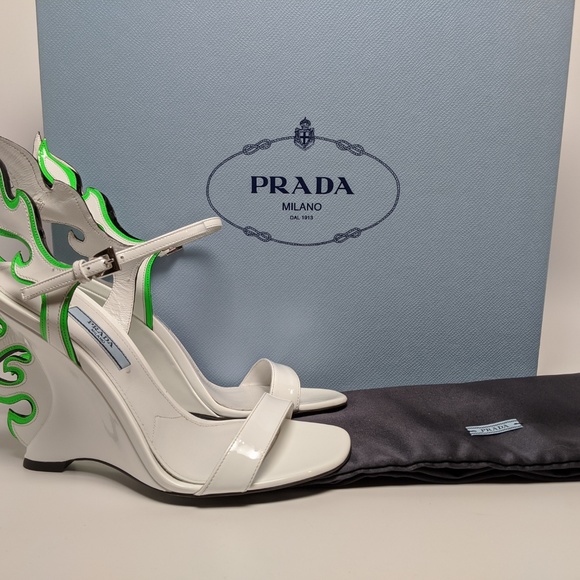 SOLD Prada Flame Green/White Patent Wedge Heels - Picture 5 of 6